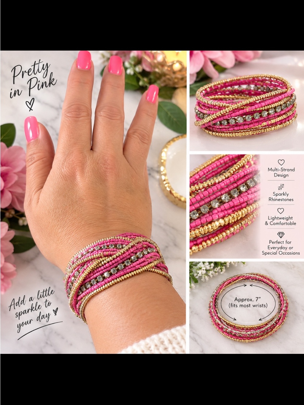 Pretty in Pink Multi-Strand Beaded Bracelet with Gold Accents